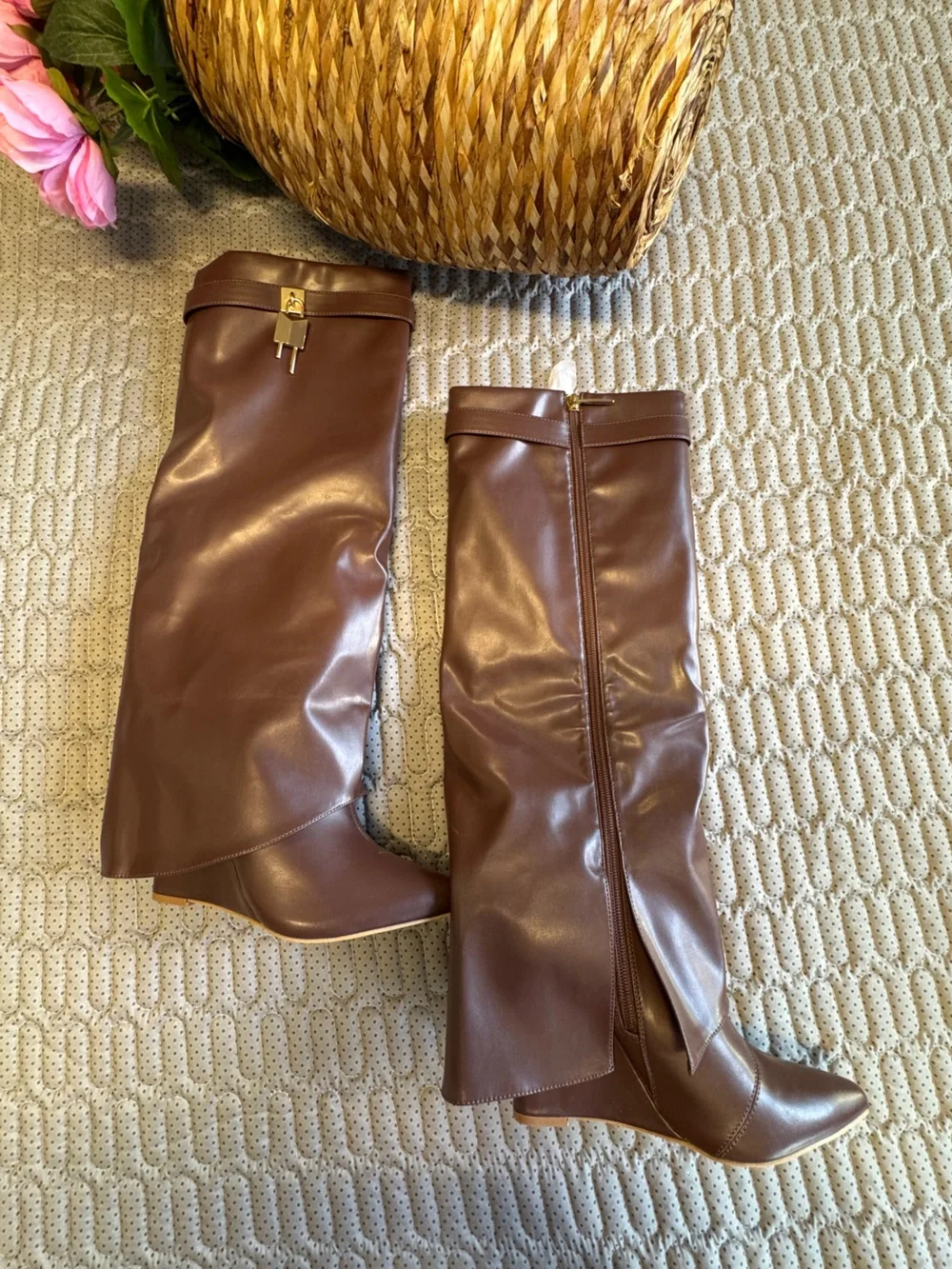 Cape Robbin Leather Knee High Boots Brown Gold Hardware Designer Style